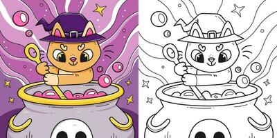 Cute children's Halloween coloring book with a kitten cooking a potion in a cauldron. Coloring page with a witch cat with an option for coloring. Vector linear black and white illustration