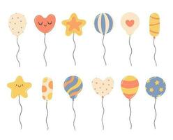 A set of colorful cute holiday balloons. A collection of boho balls of different shapes in a flat cartoon style. Vector isolated illustration