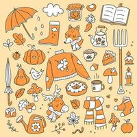 A set of cute autumn doodles. A collection of simple colored autumn drawings. Vector illustration