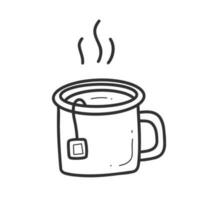 Doodle mug. Hot mug with tea in a linear style. Vector isolated illustration on a white background.