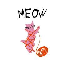 linda gatito jugando con un pelota de hilo rosado color con texto maullar aislado en blanco vector