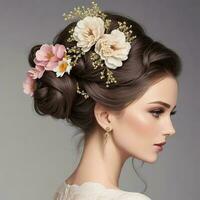 crear un elegante imagen de un mujer con un clásico updo peinado, adornado con delicado flores, generativo ai. foto
