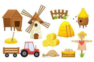 Farm set with bale of hay, scarecrow, windmill, tractor, beehive in cartoon style isolated on white background. Agriculture collection, rural elements. Vector illustration