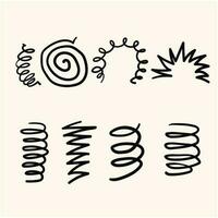 Spiral spring. Flexible coils, wire springs and metal coil spirals silhouette. Vape metallic flexible coils, flexibility steel motor spiral with hand drawn doodle style isolated vector