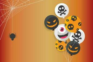 fondo para halloween con globos fantasma de halloween y calabaza. globos de aire aterradores, murciélagos, dulces y elementos de halloween sobre fondo amarillo. sitio web espeluznante, fondo o banner plantilla de halloween vector