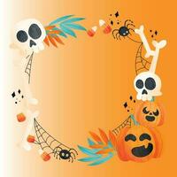 Halloween party poster with lettering. 3D emotional cartoon smiling pumpkins with eyes, candy, bats on yellow background. Festive flyer design. Invitation greeting card. Vector. EPS 10 vector