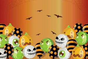 fondo para halloween con globos fantasma de halloween y calabaza. globos de aire aterradores, murciélagos, dulces y elementos de halloween sobre fondo amarillo. sitio web espeluznante, fondo o banner plantilla de halloween vector