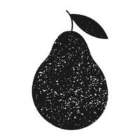 Black pear silhouette isolated on a white background. Vector illustration in grunge style. Ripe fruit with leaf. Healthy food concept.