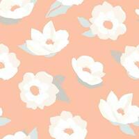 Seamless pattern with abstract delicate apple, rose, cherry blossoms, petals and buds on a pink background. Natural summer floral print. Vector graphics.