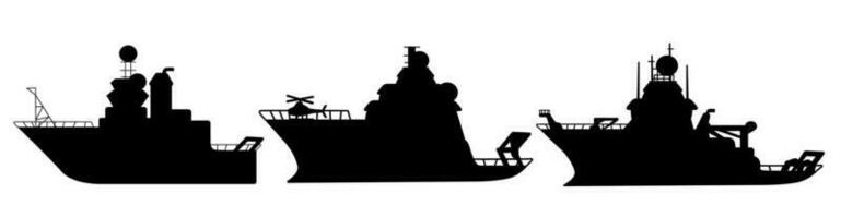 Set of black silhouette research vessels for sea exploration, expedition ships shapes with helicopter illustrations isolated on white background. Can be used for Adventure, exploration, voyage topics vector
