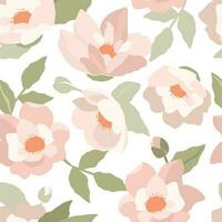 Seamless pattern with abstract delicate apple, rose, cherry blossoms, petals and buds. Natural summer floral print. Vector graphics.