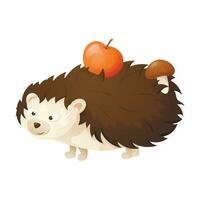 Vector isolated illustration of cute character baby hedgehog. Wild cartoon forest animal carries apple and mushroom in needles.