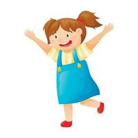 Vector cartoon illustration of a cheerful laughing girl in a sundress with her hands up.