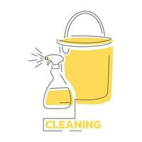 Vector line logo with text cleaning. Bucket and detergent in a spray bottle.