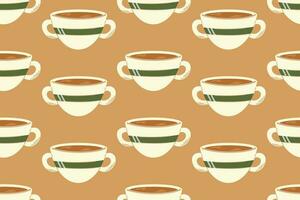 Doodle Cup of hot cartoon tea or coffee, vector seamless flat pattern.