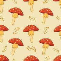 Vector seamless autumn pattern with cartoon doodle mushrooms amanita.