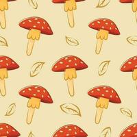 Vector seamless autumn pattern with cartoon doodle mushrooms amanita.