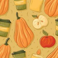 Vector autumn seamless cozy pattern. September pumpkin and fresh apple, coffee and candle.