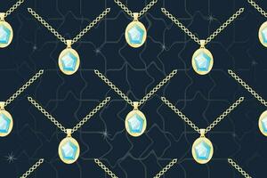 Golden royal luxury necklace with emerald or diamond precious gem stone. Vector seamless pattern, cartoon women's pendant, expensive treasure jewelry.