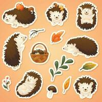 Autumn set of vector stickers with forest cartoon cute hedgehog, basket with wild mushrooms, apples and twigs with fallen leaves.