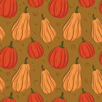 Autumn vector seamless pattern in warm colors. Pumpkin and the outlines of fallen leaves.