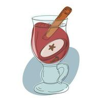 Outline hand drawn of a glass cup with mulled wine, cinnamon stick, apple and colorful spots. Vector