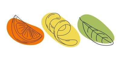 Set of 3 elements lemon zest, orange slice and green leaf with colorful abstract spot in trendy hues vector