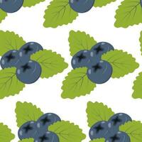 Seamless pattern of 3 blueberries and leaves in trendy shades. Healthy eating. Abstract background vector