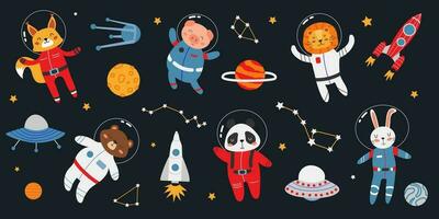 Large vector set of space elements and animals. Cute animals in space suits. Panda, lion, rabbit, rockets, planets, constellations, space saucers. Children's space theme. Dark isolated background.