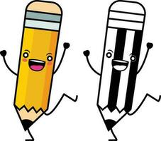 Happy Pencil cartoon mascot vector illustration, Dancing Pencil with a happy face stock vector image, colored and black and white line art