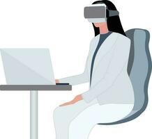 mujer vistiendo un realidad virtual, víveres realidad auriculares a espacio de trabajo laboral, futuro espacios de trabajo vector imagen