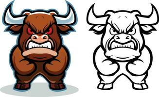 Angry Bull Cartoon mascot vector illustration, Angry muscular bull logo concept vector image, colored and black and white line art stock vector