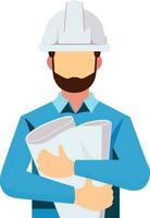 Engineer holding blueprints wearing a white safety helmet flat style vector illustration, Engineer , site officer , site manager holding the building plan stock vector image