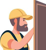 Builder or carpenter with hammer inspecting a door or installing a door flat style stock vector image , Labor or worker inspecting a door stock vector illustration