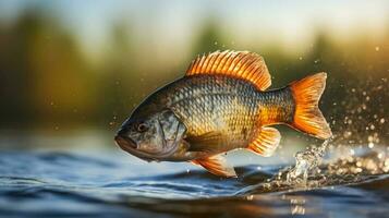 Perch leaping out of a lake background with empty space for text photo