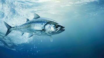 Bluefish jumping out of the ocean background with empty space for text photo
