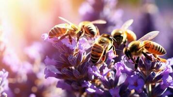 Honey bees diligently gathering pollen from a fragrant lavender farm background with empty space for text photo