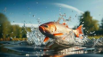 Carp jumping out of a pond background with empty space for text photo