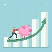 Successfully manage your own money, increase in investment portfolio and savings, profit from bank deposits, income and salary growth, key to wealth, man pushes piggy bank on growing arrow of graph. vector