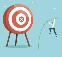 Achieving business goals through hard work, motivation and determination for great success, creative strategies for high performance in work and career growth, a man with a pole jumps on a target. vector