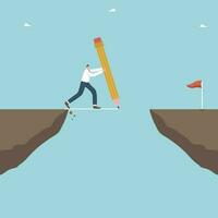 Search for ways and methods to overcome difficulties, creative strategies to achieve goals, extraordinary thinking and logic to quickly complete project or task, man draws path over cliff with pencil. vector