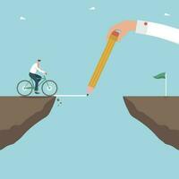 Help or mentorship in paving way to achieve goal, creative solutions to get out of difficult situations, strategic planning for great success, hand with pencil draws path over cliff for man on bicycle vector