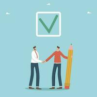 Collaboration and partnership to successfully complete tasks, teamwork to meet project deadlines and schedules, closing deal and common interests, businessmen shaking hands under icon with check mark. vector