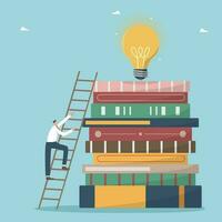 Develop intelligence and logic through reading books, new knowledge and wisdom to innovate and creative ideas, learning and education for success, man climbs ladder on stack of books with light bulb. vector