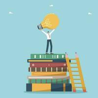 Learning and obtaining new knowledge to create innovations, development of intellect and logic to search for new opportunities, wisdom to achieve goals and success, man stands on books with light bulb vector