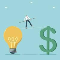 Turn creative ideas into means of earning money and wealth, innovation for business development and additional profit, new projects to generate income, man on tightrope walks from light bulb to dollar vector