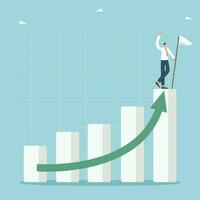 Achieving high results and success in work and business, hard work for career growth and salary increase, new opportunities and development prospects, man with a flag stands on top column of the graph vector