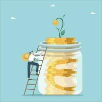 Introduction of innovations and new creative ideas to increase income, from small profits to enrichment, new business opportunities to savings grown, man with light bulb climbs ladder to jar of coins. vector