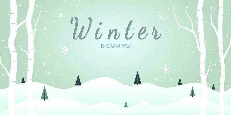 White tree forest background and snowing for winter season concept. Hand drawn isolated illustrations.