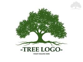 los árboles y las raíces con hojas verdes se ven hermosos y refrescantes. estilo de logotipo de árbol y raíces. vector